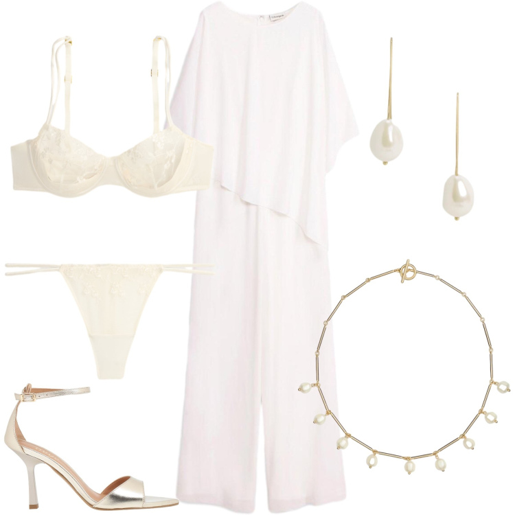 Outfit donna - Sposa di ottobre. Stile Chic per Cerimonia. Abbinamento con sandali in pelle, tute, orecchini, collane, reggiseni, perizomi.