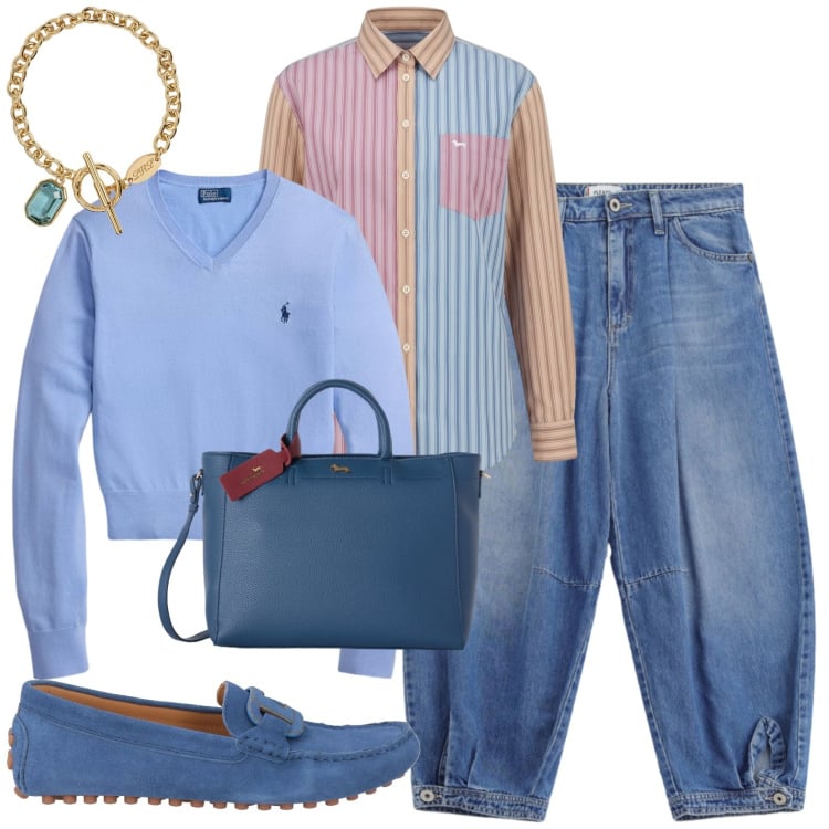 Outfit donna - Denim. Stile Casual per Tutti i giorni. Abbinamento con mocassini, borse a mano, camicie, jeans, braccialetti, maglieria.