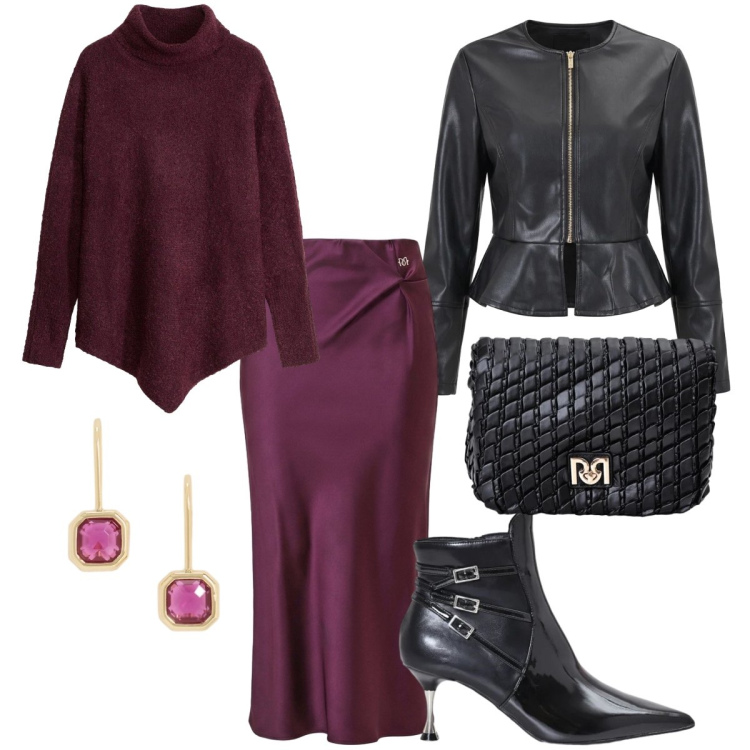 Outfit donna - Mix and match. Stile Glamour per Tutti i giorni. Abbinamento con orecchini, borse a tracolla, stivaletti, gonne longuette, giacche, pullovers.