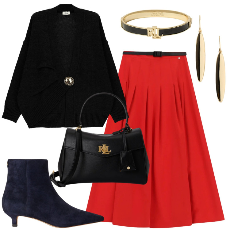 Outfit donna - Aperitivo. Stile Casual chic per Serata fuori. Abbinamento con cardigans, gonne lunghe, braccialetti, borse a mano, orecchini, stivaletti.
