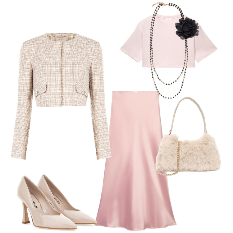 Outfit donna - Total look #2484216. Stile Bon Ton per Cerimonia. Abbinamento con gonne lunghe, t-shirt, borse a spalla, blazer, collane, décolleté.