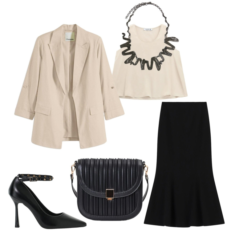 Outfit donna - Total look #2484217. Stile Bon Ton per Cerimonia. Abbinamento con blazer, borse a tracolla, décolleté, gonne lunghe, top, ciondoli.
