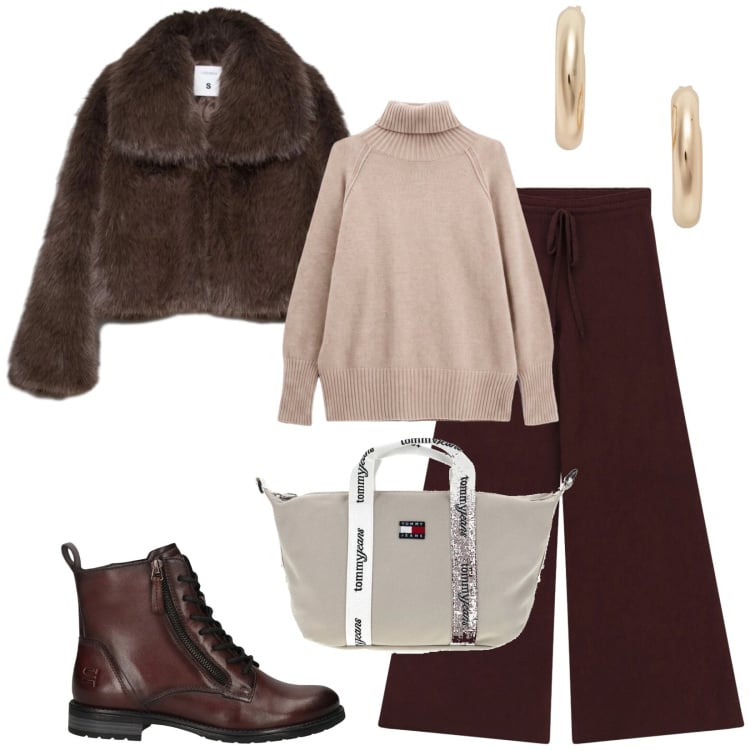 Outfit donna - Total look #2484218. Stile Urban per Tutti i giorni. Abbinamento con pantaloni a palazzo, pullovers, orecchini, blazer, stivaletti, shopping bag.