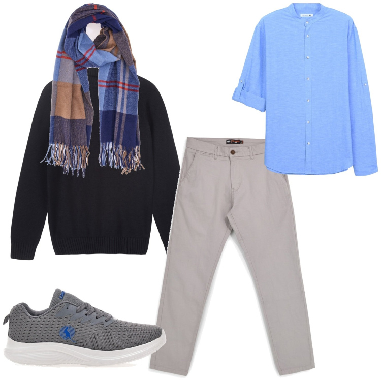 Outfit uomo - Total look #2484219. Stile Casual per Tutti i giorni. Abbinamento con pullovers, camicie, sciarpe, sneakers, pantaloni.