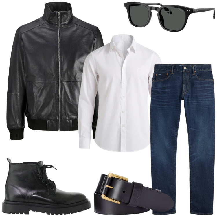 Outfit uomo - Total look #2484220. Stile Urban per Tutti i giorni. Abbinamento con camicie, anfibi, jeans, cinture, occhiali da sole, giacche.