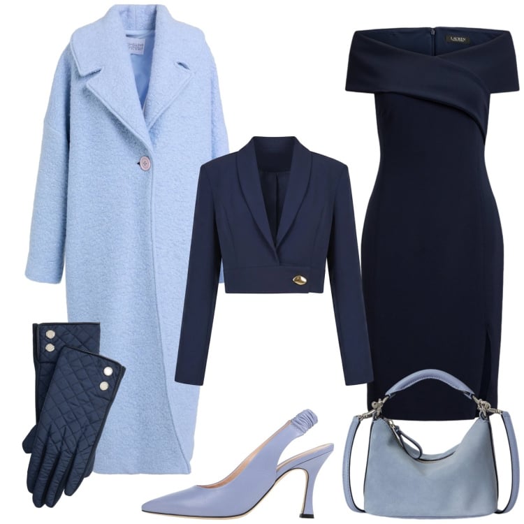 Outfit donna - Total look #2484228. Stile Chic per Cerimonia. Abbinamento con cappotti, décolleté, blazer, vestiti, borse a spalla, guanti.