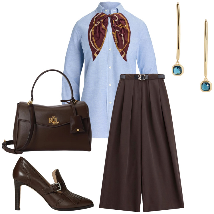 Outfit donna - Cioccolato e celeste. Stile Glamour per Ufficio. Abbinamento con pantaloni a palazzo, camicie, borse a mano, foulard, décolleté, orecchini.