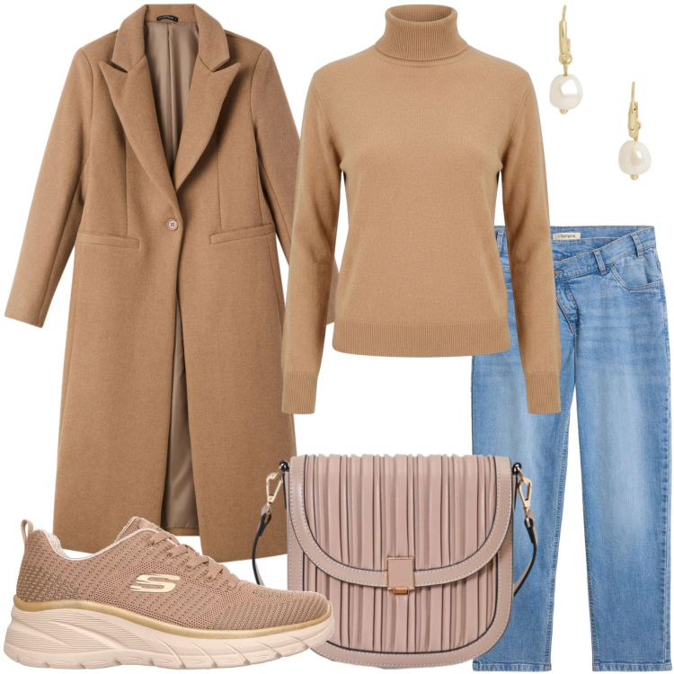 Outfit donna - Senza pensieri. Stile Casual per Tutti i giorni. Abbinamento con orecchini, borse a tracolla, pullovers, cappotti, jeans mom, sneakers.