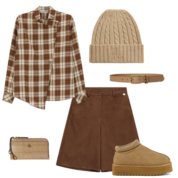 Outfit donna - Sabbia. Stile Minimal per Tutti i giorni. Abbinamento con bermuda, camicie, portafogli, cinture, berretti, sabot.