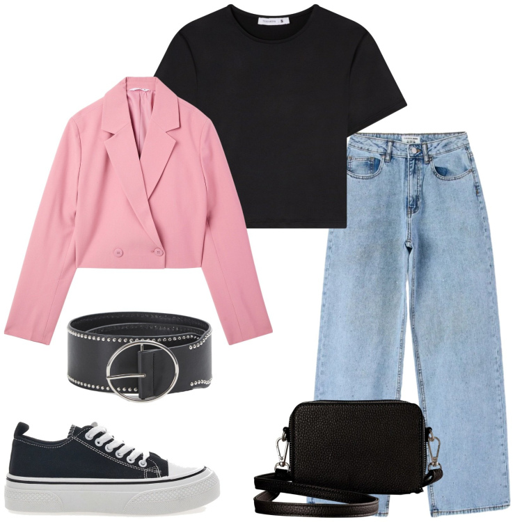 Outfit donna - Total look #2484237. Stile Urban per Scuola/Università. Abbinamento con borse a tracolla, blazer, t-shirt, cinture, jeans, sneakers.