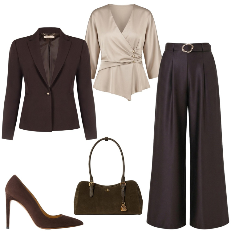 Outfit donna - Battesimo. Stile Chic per Cerimonia. Abbinamento con borse a mano, décolleté, bluse, pantaloni a palazzo, blazer.
