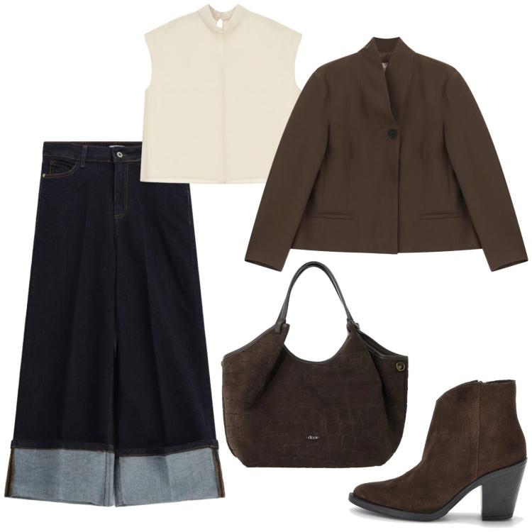 Outfit donna - Marrone e panna. Stile Casual per Tutti i giorni. Abbinamento con blazer, borse a spalla, top, jeans, stivaletti.