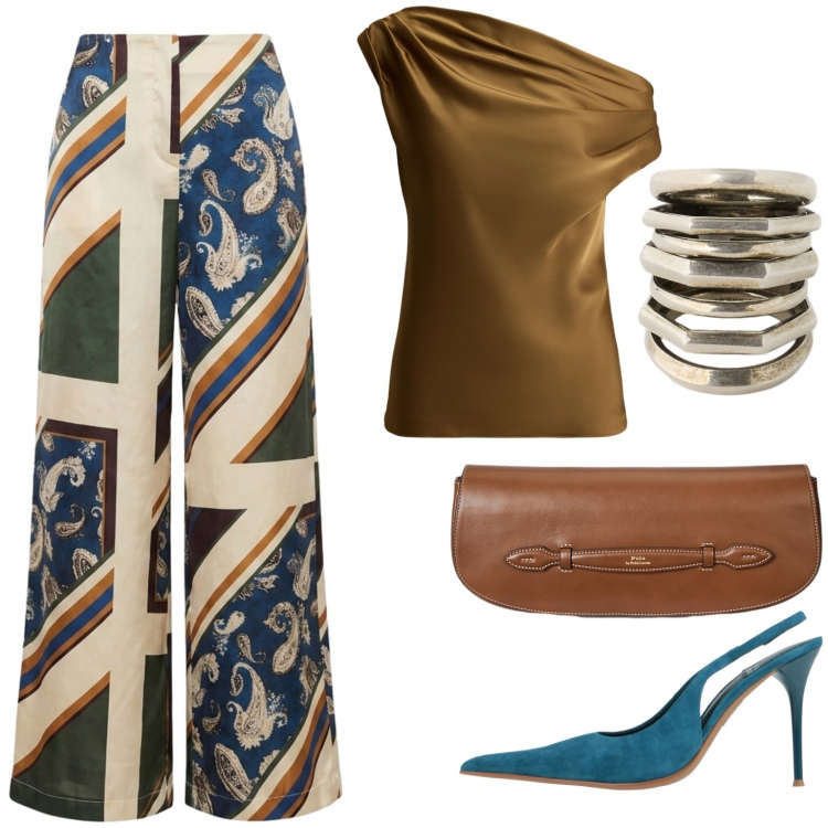 Outfit donna - Eccentrica. Stile Glamour per Serata fuori. Abbinamento con décolleté, pantaloni a palazzo, clutch, anelli, top.