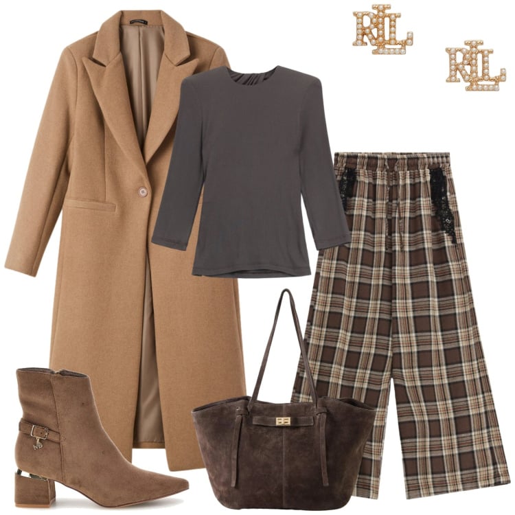 Outfit donna - Total look #2484248. Stile Casual chic per Tutti i giorni. Abbinamento con shopping bag, cappotti, t-shirt, pantaloni a palazzo, orecchini, stivaletti.