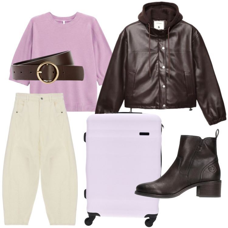 Outfit donna - Volumi bold. Stile Casual per Tutti i giorni. Abbinamento con maglieria, jeans, bomber, stivaletti, valigie, cinture.