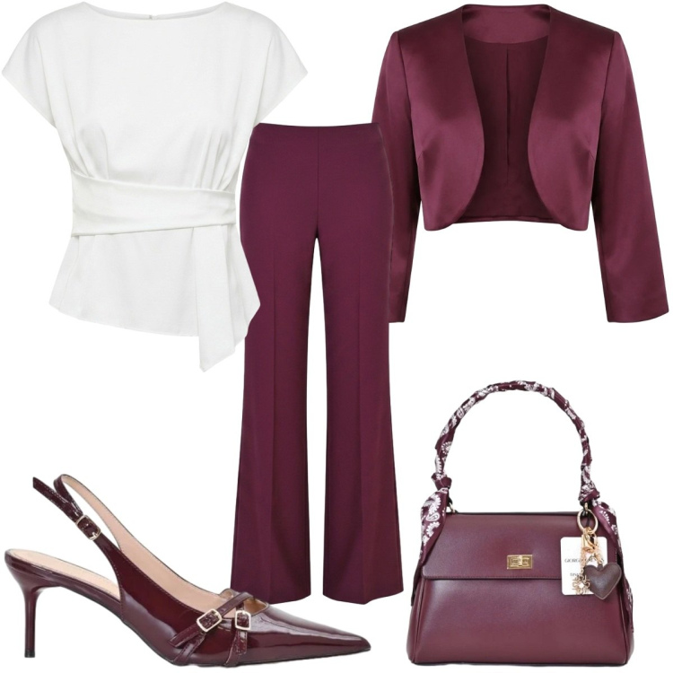 Outfit donna - Invito d\'autunno: il battesimo. Stile Chic per Cerimonia. Abbinamento con bolero, bluse, pantaloni a palazzo, décolleté, borse a mano.