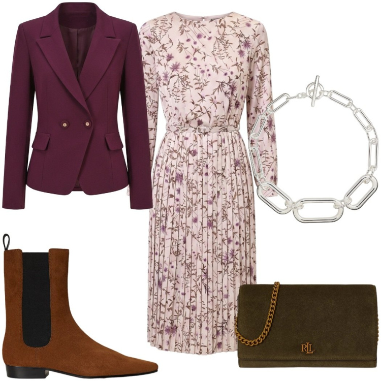 Outfit donna - Invito d'autunno: a pranzo dai suoceri. Stile Glamour per Cerimonia. Abbinamento con borse a tracolla, collane, stivaletti chelsea, vestiti midi/longuette, blazer.
