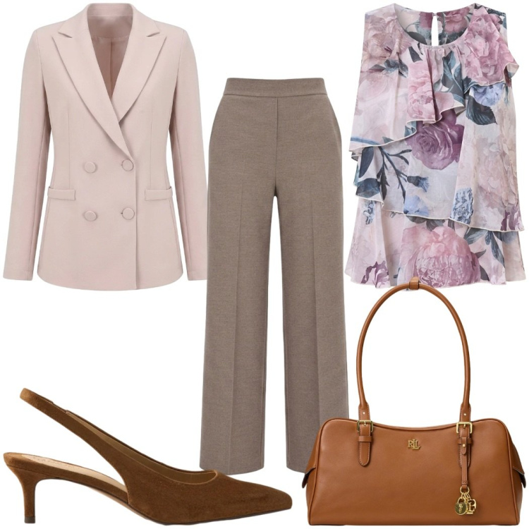 Outfit donna - Invito d'autunno : romantica. Stile Romantica per Cerimonia. Abbinamento con borse a mano, décolleté, top, blazer, pantaloni.