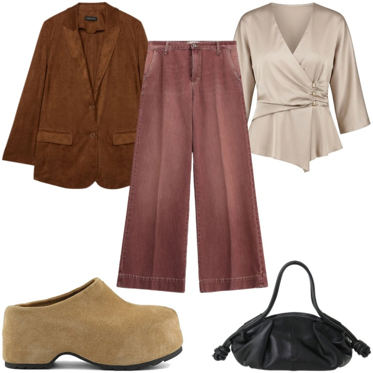 Outfit donna - Rich Espresso & Cream Warmth casual chic. Stile Casual chic per Tutti i giorni. Abbinamento con blazer, jeans, bluse, borse a mano, zoccoli.
