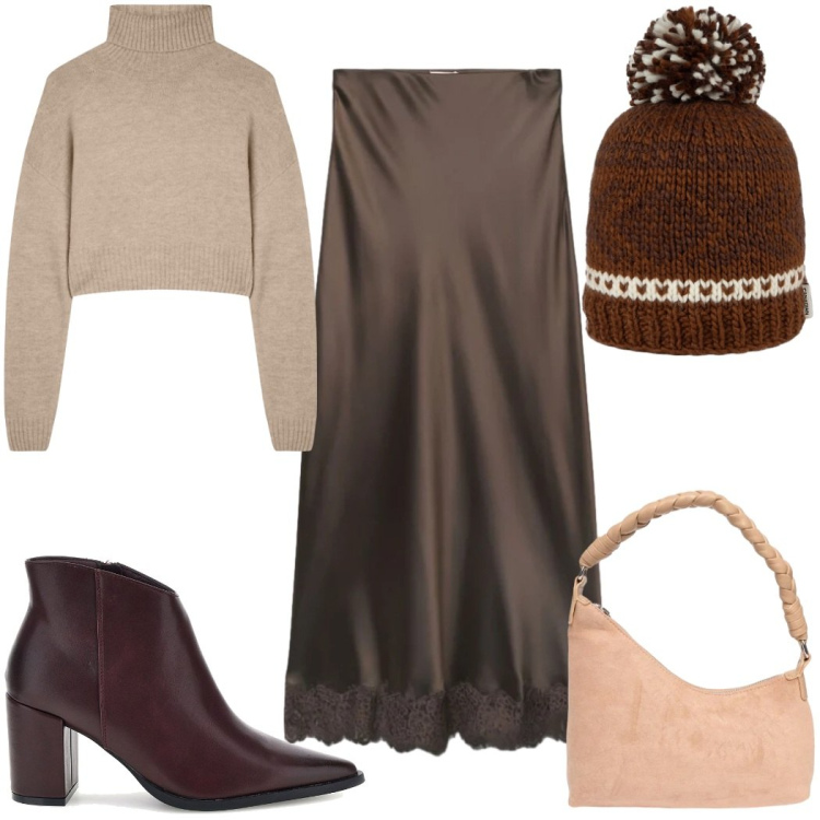 Outfit donna - Rich Espresso & Cream Warmth low cost. Stile Trendy per Tutti i giorni. Abbinamento con maglieria, gonne lunghe, portafogli, berretti, stivaletti.