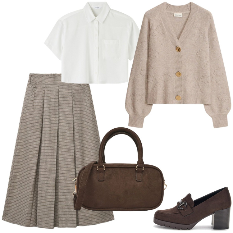 Outfit donna - Bon ton. Stile Preppy per Ufficio. Abbinamento con gonne longuette, borse a tracolla, camicie a manica corta, mocassini, cardigans.