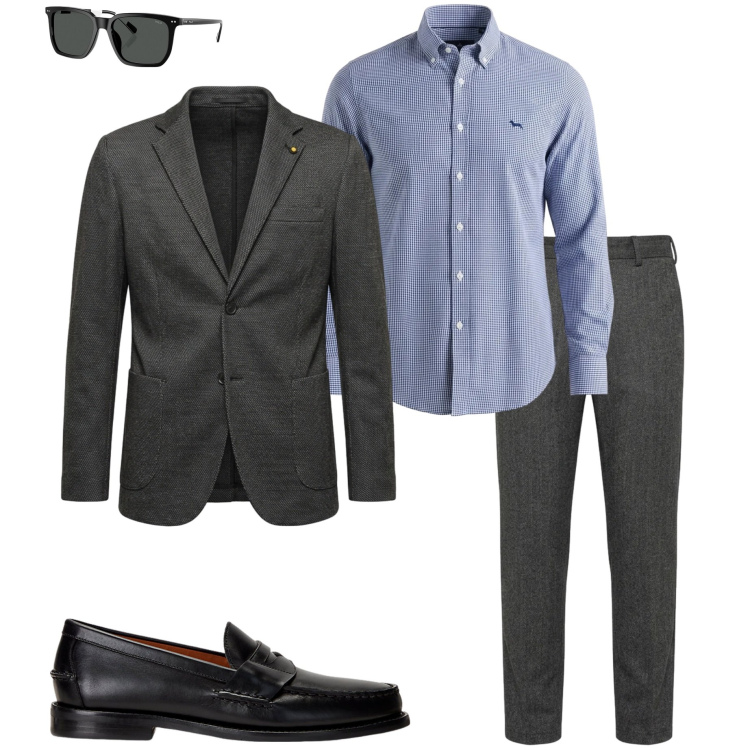 Outfit uomo - Smart casual in ufficio. Stile Business/Elegante per Ufficio. Abbinamento con pantaloni, camicie, giacche, scarpe stringate, occhiali da sole.