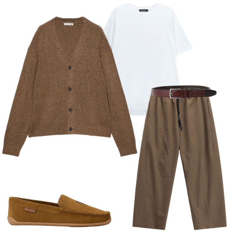Outfit uomo - Aperitivo informale. Stile Casual per Serata speciale. Abbinamento con cinture, pantaloni, t-shirt, scarpe stringate, cardigans.