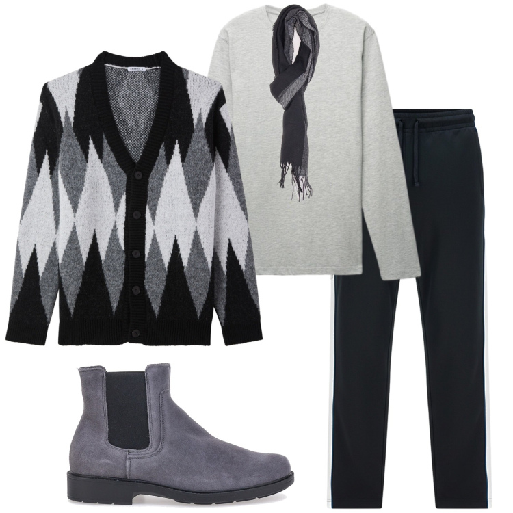 Outfit uomo - Aperitivo informale. Stile Casual per Tutti i giorni. Abbinamento con cardigans, t-shirt, sciarpe, stivali e stivaletti, pantaloni.