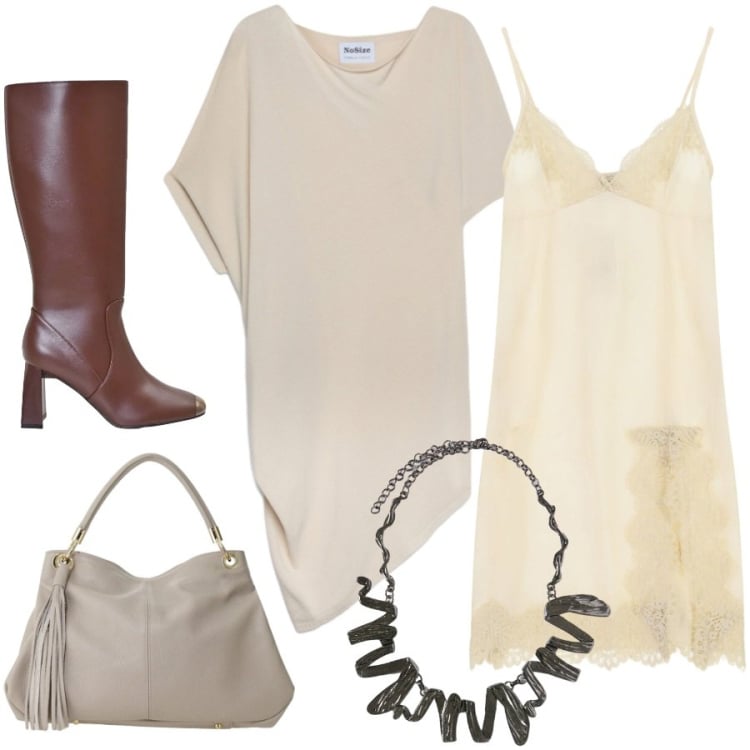 Outfit donna - Sovrapposizioni soft. Stile Casual chic per Tutti i giorni. Abbinamento con stivali sopra il ginocchio, borse a spalla, vestiti corti, maglieria, ciondoli.