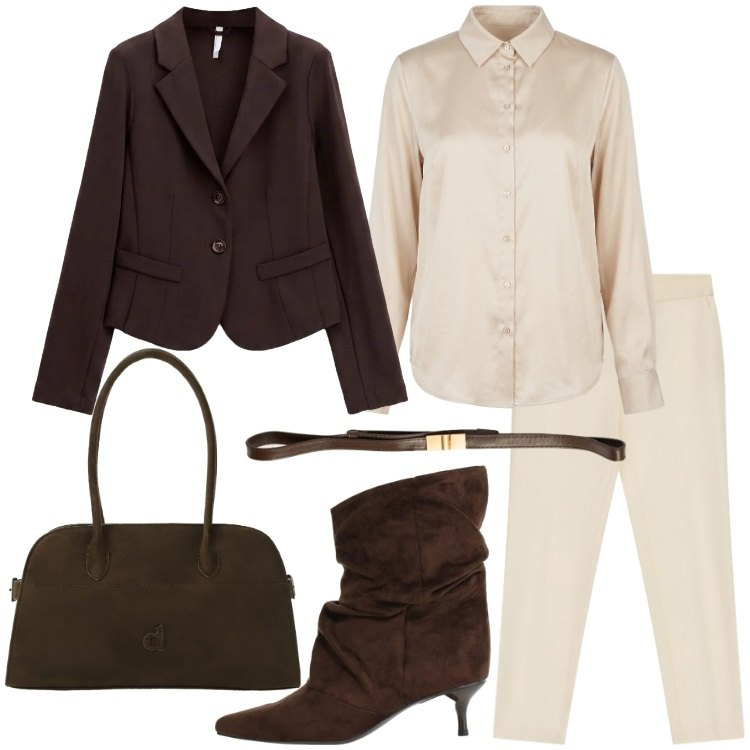 Outfit donna - Rich Espresso & Cream Warmth. Stile Casual chic per Serata fuori. Abbinamento con stivali, blazer, pantaloni, borse a spalla, camicie, cinture.