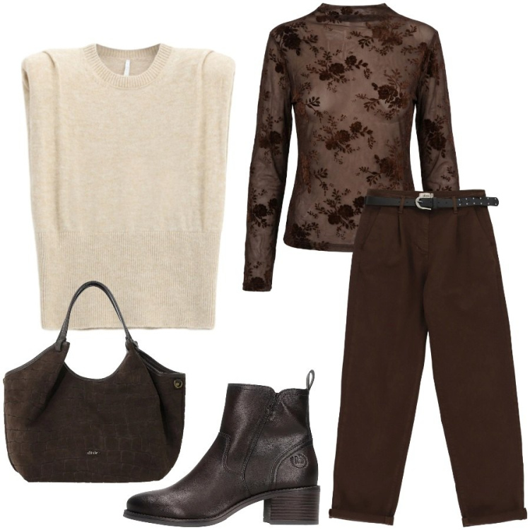 Outfit donna - Eleganza color cappuccino. Stile Casual chic per Tutti i giorni. Abbinamento con maglieria, borse a spalla, pantaloni, t-shirt, stivaletti.
