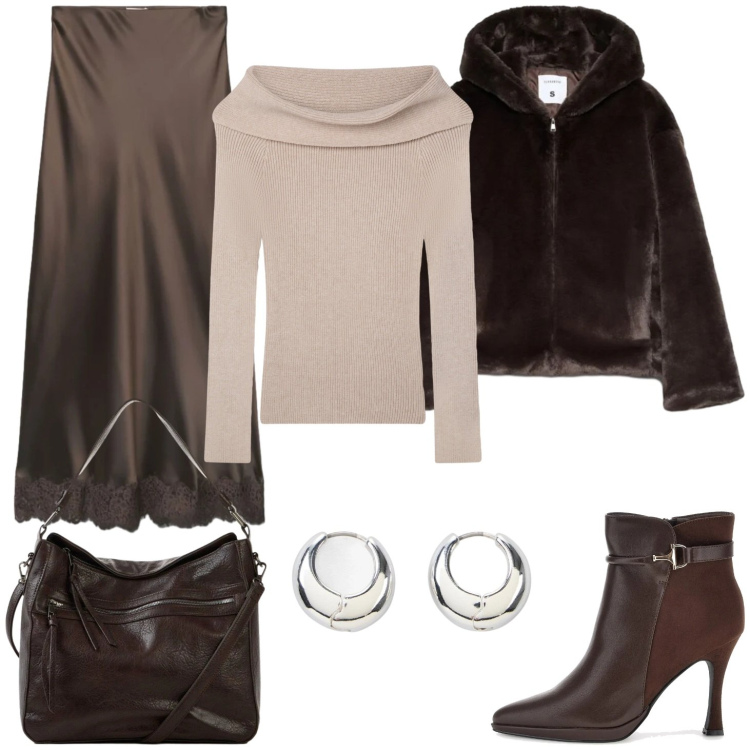 Outfit donna - Toni del marrone. Stile Casual chic per Tutti i giorni. Abbinamento con shopping bag, orecchini, maglieria, gonne lunghe, blazer, stivaletti.