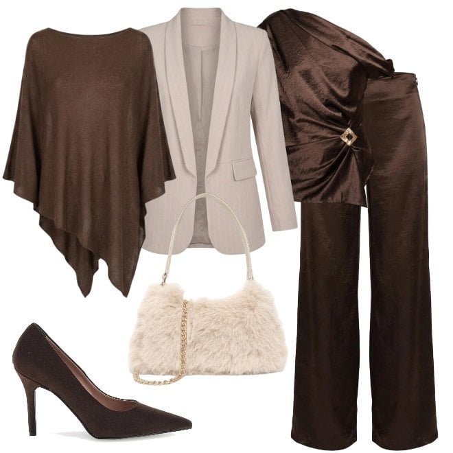 Outfit donna - Ceno fuori. Stile Chic per Serata fuori. Abbinamento con borse a spalla, pantaloni a palazzo, cappotti, blazer, top, décolleté.