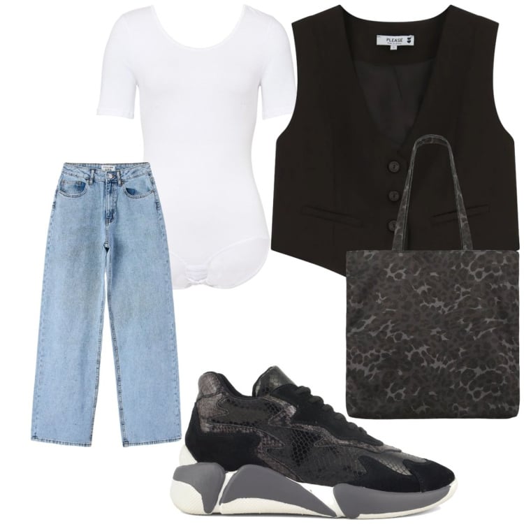 Outfit donna - Aperitivo in galleria. Stile Trendy per Serata fuori. Abbinamento con body, jeans, shopping bag, gilet, sneakers alte.
