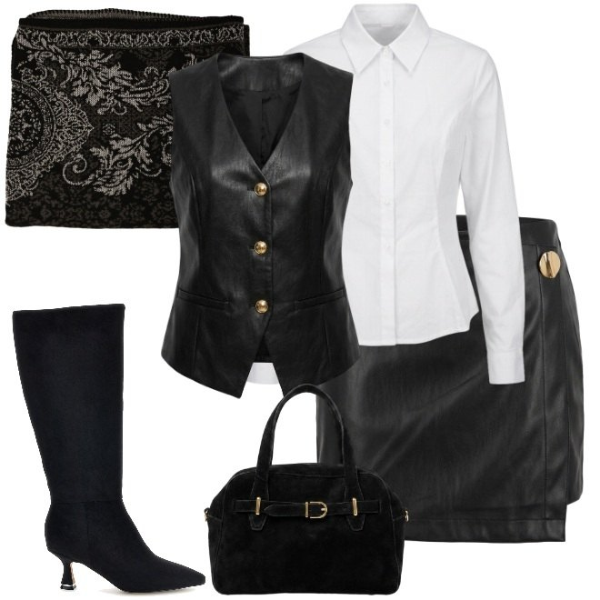 Outfit donna - Riunione del venerdì. Stile Urban per Serata fuori. Abbinamento con gilet, cappotti, minigonne, borse a mano, camicie, stivali sopra il ginocchio.