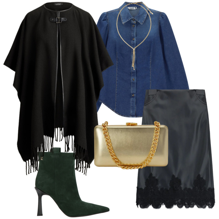 Outfit donna - Mix and match. Stile Casual chic per Serata fuori. Abbinamento con gonne longuette, cappe, clutch, collane, camicie, stivaletti.