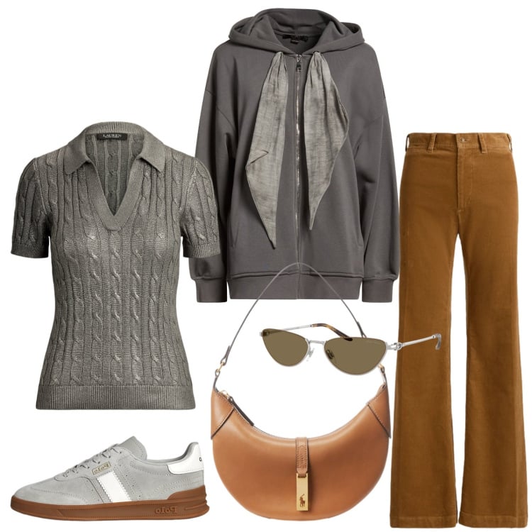 Outfit donna - Casual Friday. Stile Casual per Tutti i giorni. Abbinamento con felpe con cappuccio, sneakers, borse a spalla, occhiali da sole, pantaloni, polo.