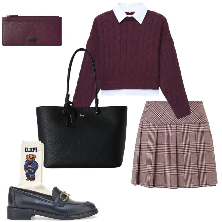 Outfit donna - Stile preppy autunnale. Stile Preppy per Scuola/Università. Abbinamento con maglieria, minigonne, shopping bag, portafogli, calzini, mocassini.