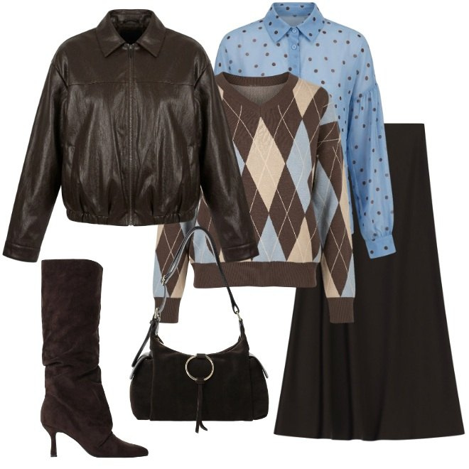 Outfit donna - Pelle rombi e pois. Stile Urban per Tutti i giorni. Abbinamento con gonne lunghe, borse a spalla, stivali, camicie, bomber, maglieria.