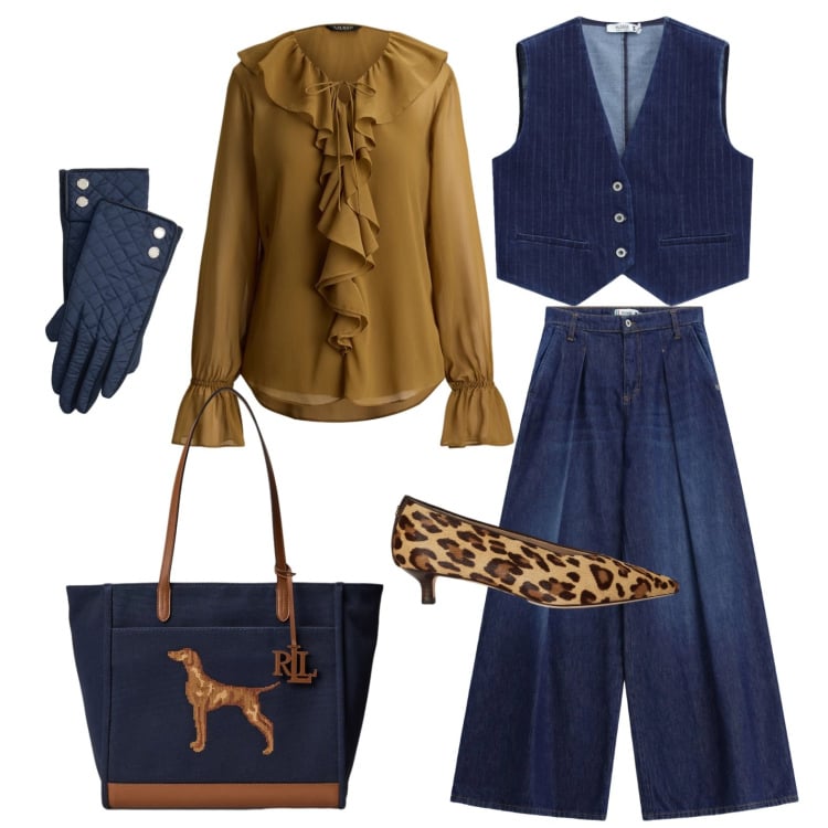 Outfit donna - Gilet mannish e décolleté trendy. Stile Trendy per Ufficio. Abbinamento con jeans, gilet, camicie, décolleté, borse tote, guanti.