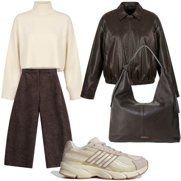 Outfit donna - Soft Leather. Stile Casual chic per Tutti i giorni. Abbinamento con pantaloni, borse a spalla, maglieria, bomber, sneakers.