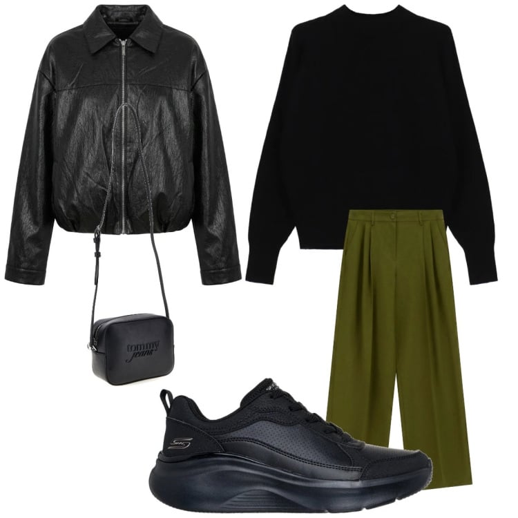 Outfit donna - Soft Leather. Stile Casual per Tutti i giorni. Abbinamento con pantaloni a palazzo, maglieria, bomber, borse a tracolla, sneakers.