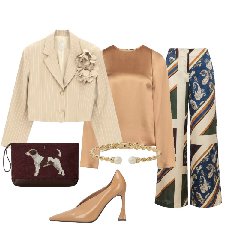 Outfit donna - Aperitivo. Stile Glamour per Serata fuori. Abbinamento con top, décolleté, pantaloni a palazzo, blazer, pochette, braccialetti.