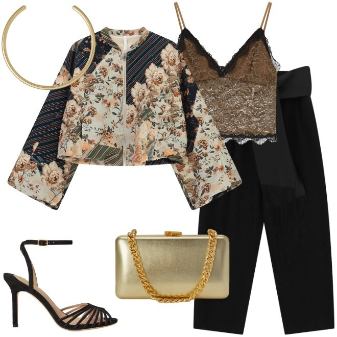 Outfit donna - Top in pizzo. Stile Glamour per Serata fuori. Abbinamento con pantaloni a palazzo, bomber, top, clutch, sandali col tacco, collane.