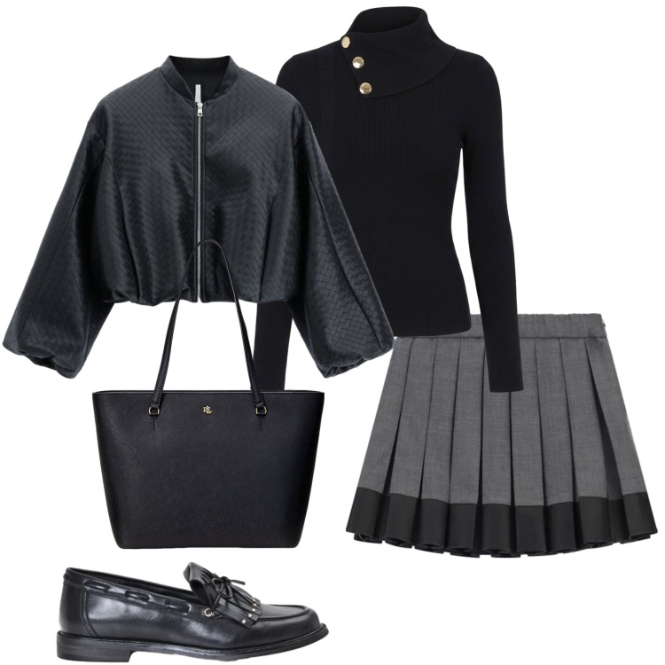 Outfit donna - Stile preppy autunnale. Stile Preppy per Scuola/Università. Abbinamento con bomber, minigonne, borse tote, mocassini, maglieria.