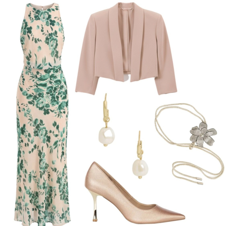 Outfit donna - In lungo al matrimonio. Stile Chic per Cerimonia. Abbinamento con vestiti lunghi, bolero, décolleté, cinture, orecchini.