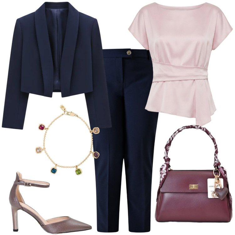 Outfit donna - Raffinata in blu scuro. Stile Bon Ton per Cerimonia. Abbinamento con pantaloni, bolero, bluse, décolleté, borse a mano, braccialetti.