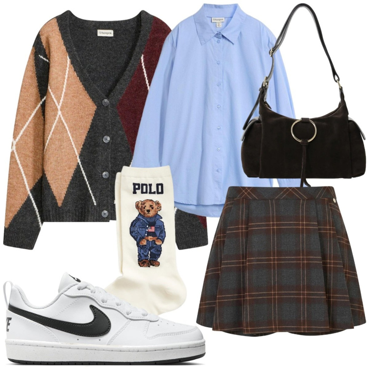 Outfit donna - Stile Preppy autunnale. Stile Preppy per Tutti i giorni. Abbinamento con borse a spalla, calzini, minigonne, cardigans, sneakers, camicie.