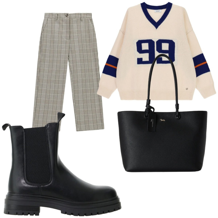 Outfit donna - Stile Preppy autunnale. Stile Preppy per Tutti i giorni. Abbinamento con stivaletti chelsea, shopping bag, pantaloni, maglieria.