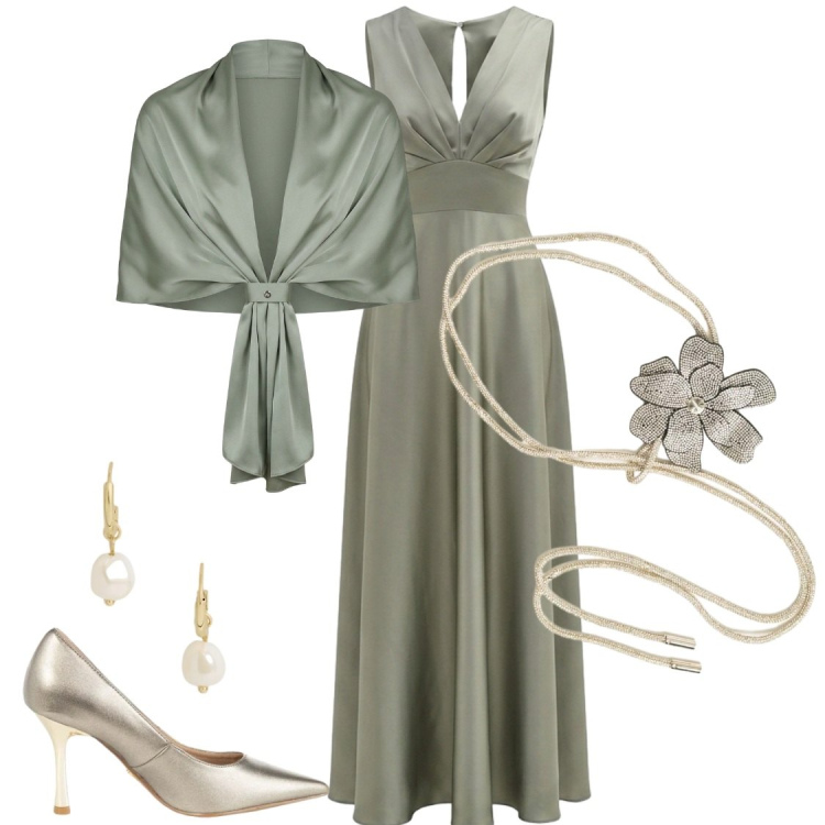 Outfit donna - Verde salvia. Stile Chic per Cerimonia. Abbinamento con orecchini, décolleté, stole, vestiti lunghi, cinture.